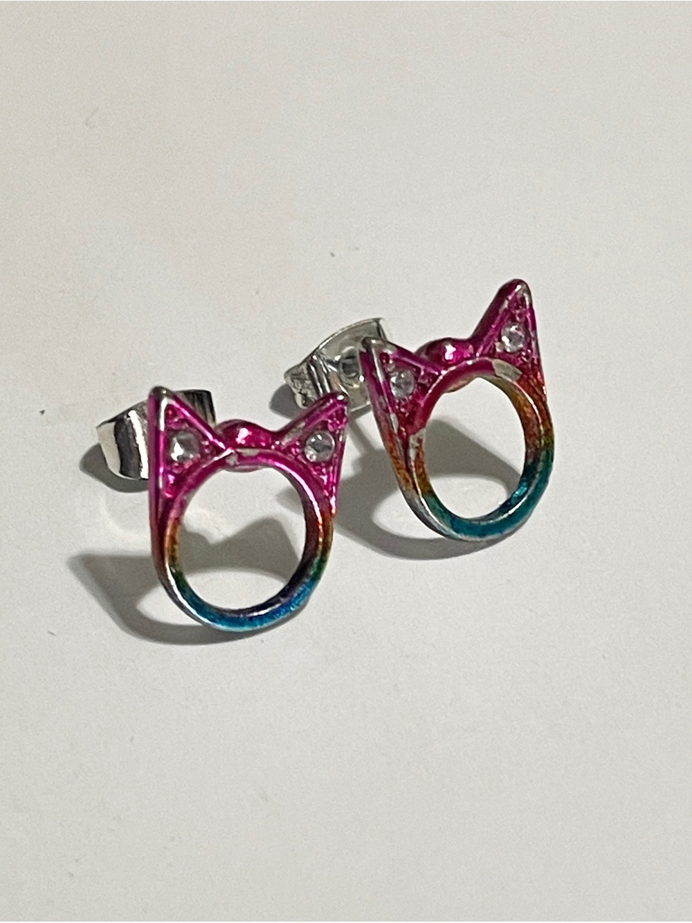 Rainbow Cat Head Earrings Stud Faux Diamond